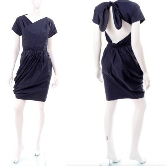 Carven Womens Dress 38 (US 4) Ruched Sheath Open Back Short Sleeve Navy Blue - Picture 1 of 11